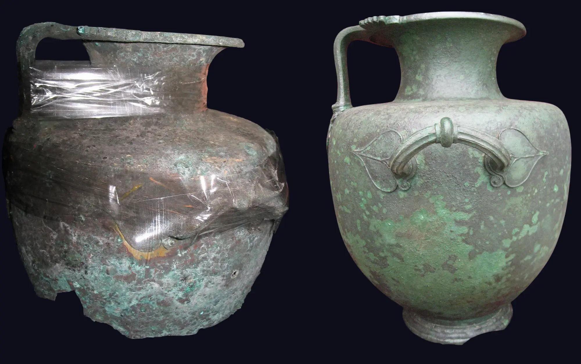 Ancient bronze hydria before and after restoration