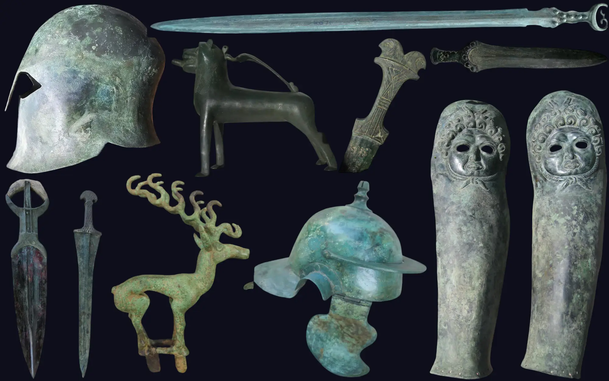Ancient bronze helmets, swords, daggers, figurines and armour elements