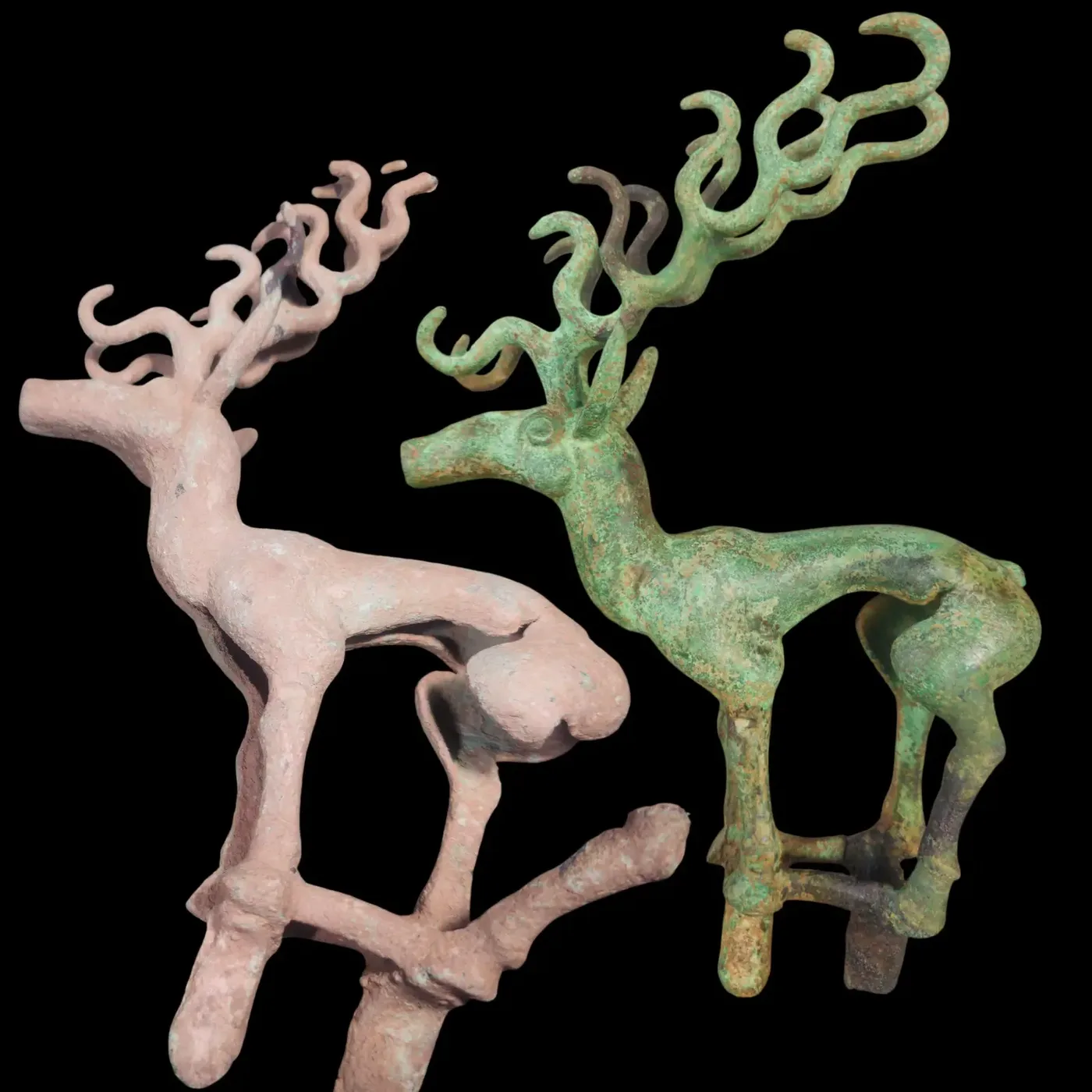 Bronze deer figure before and after reconstruction of lost form