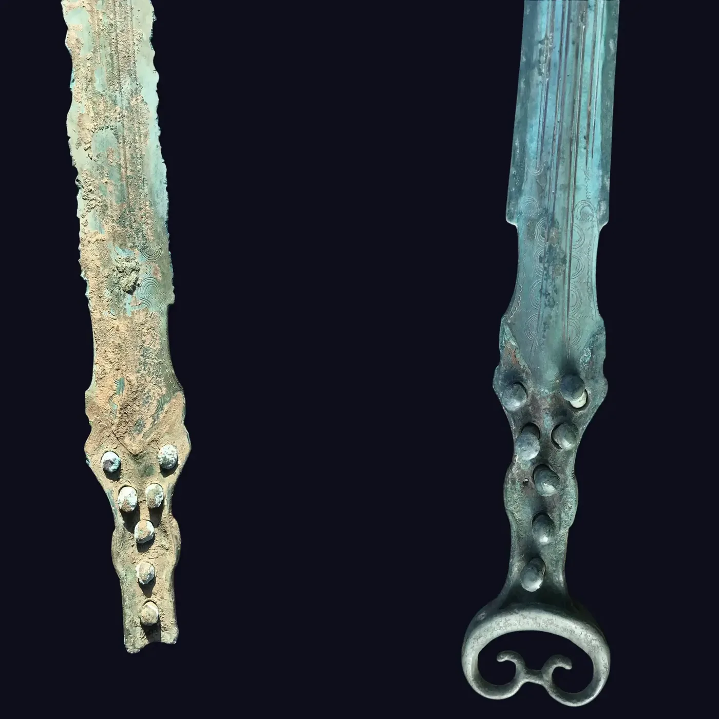 Bronze detail before corrosion-product cleaning and after conservation