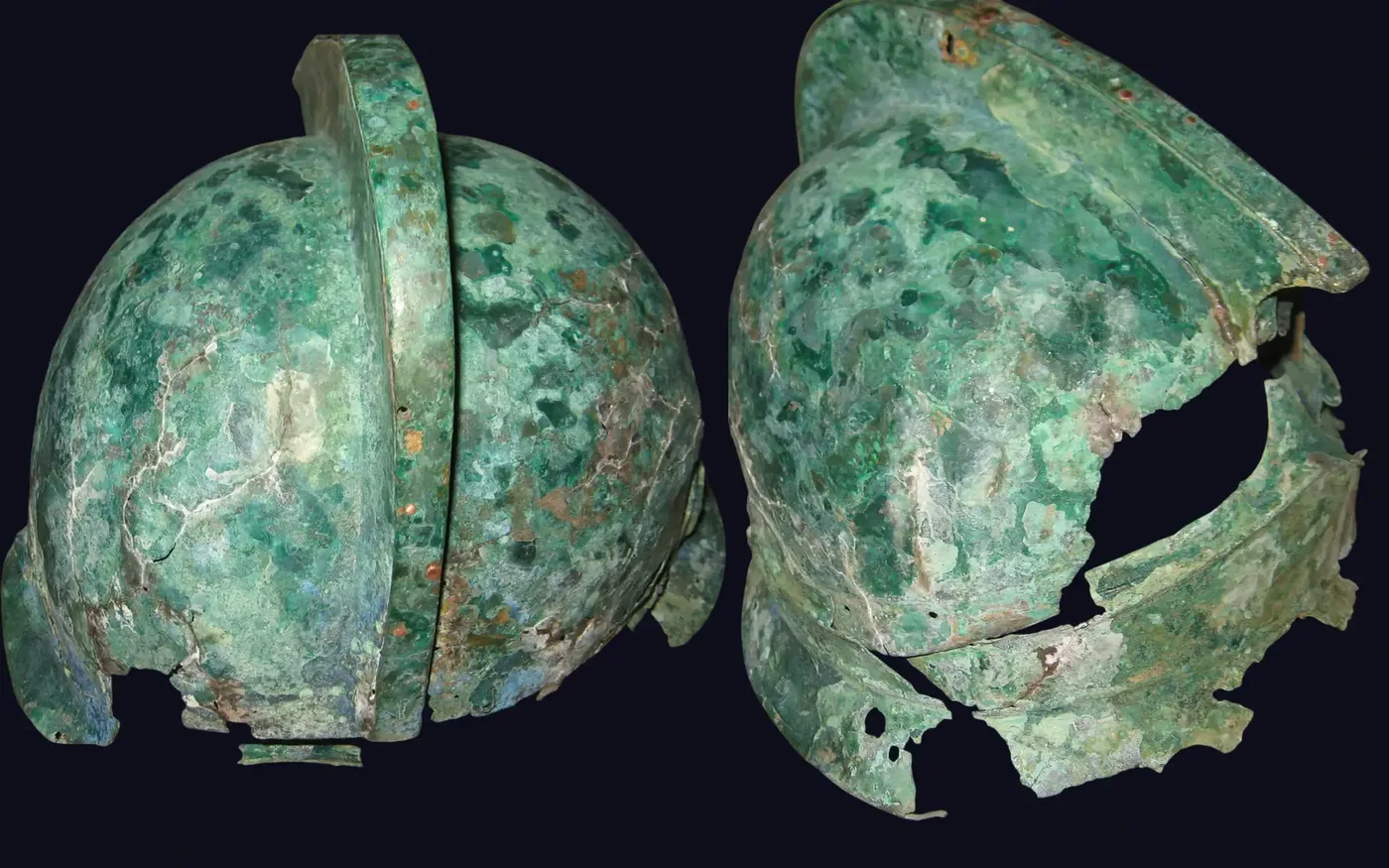 The same ancient bronze helmet before restoration