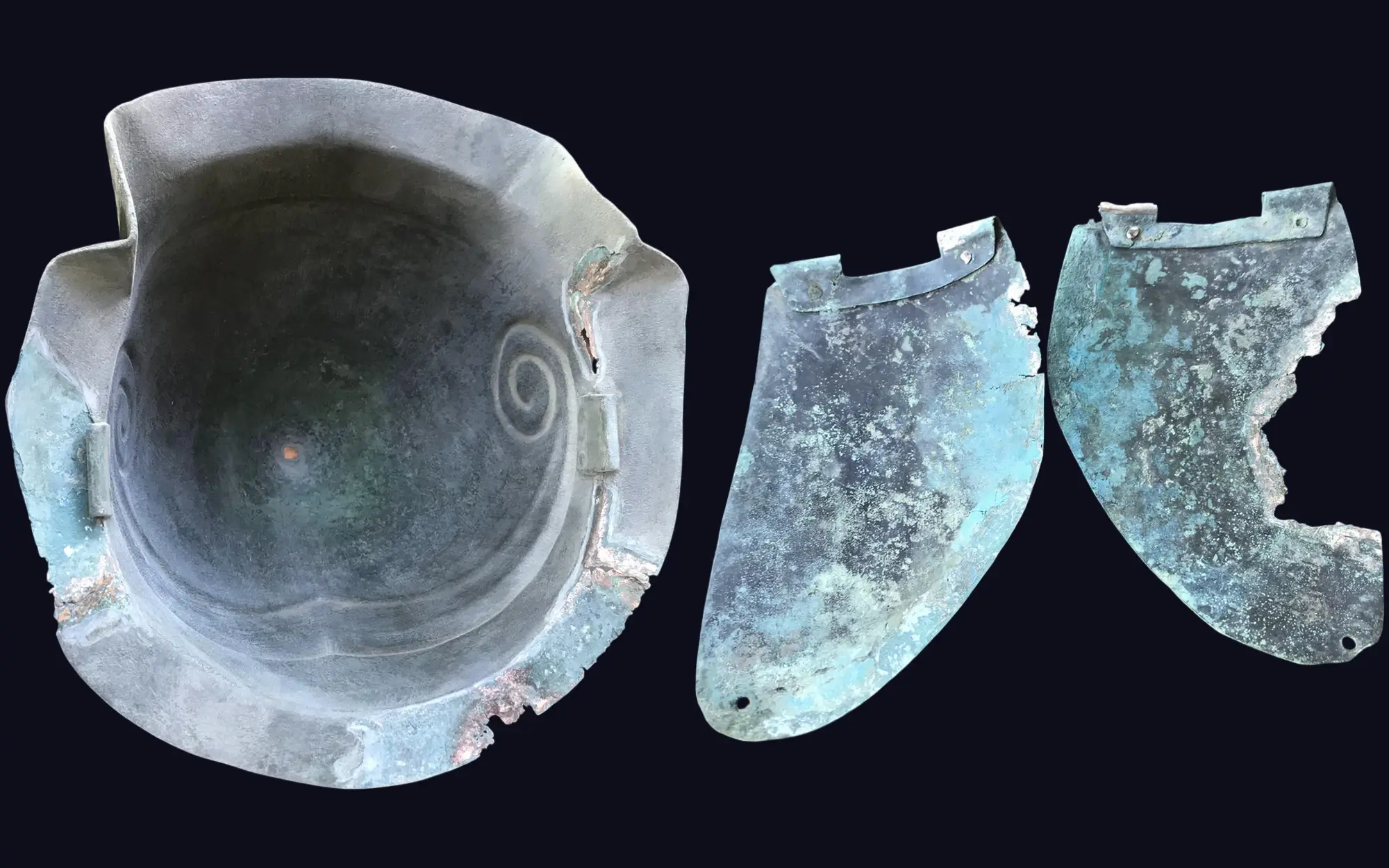 Fragments of an ancient bronze helmet before pre-auction preparation